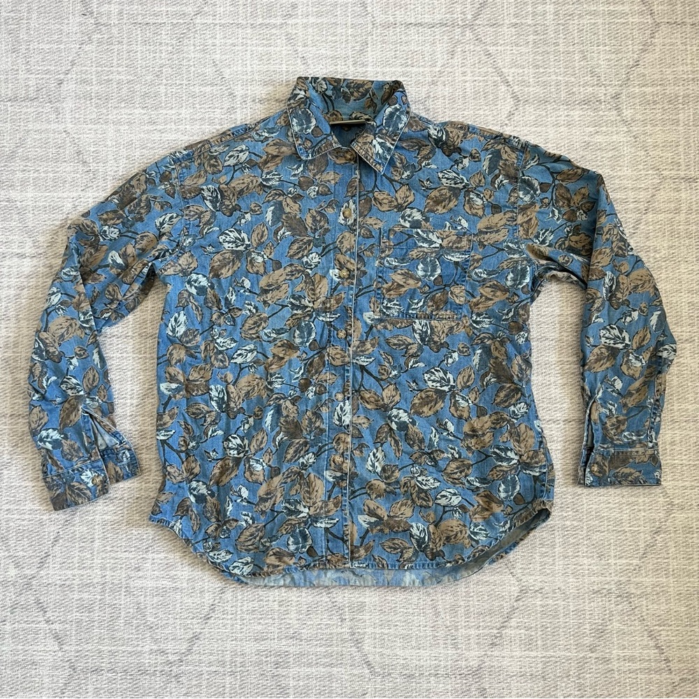 Vintage Liz Claiborne Lizwear Women’s Blue Fall Leaves AOP Print Button-Up Shirt